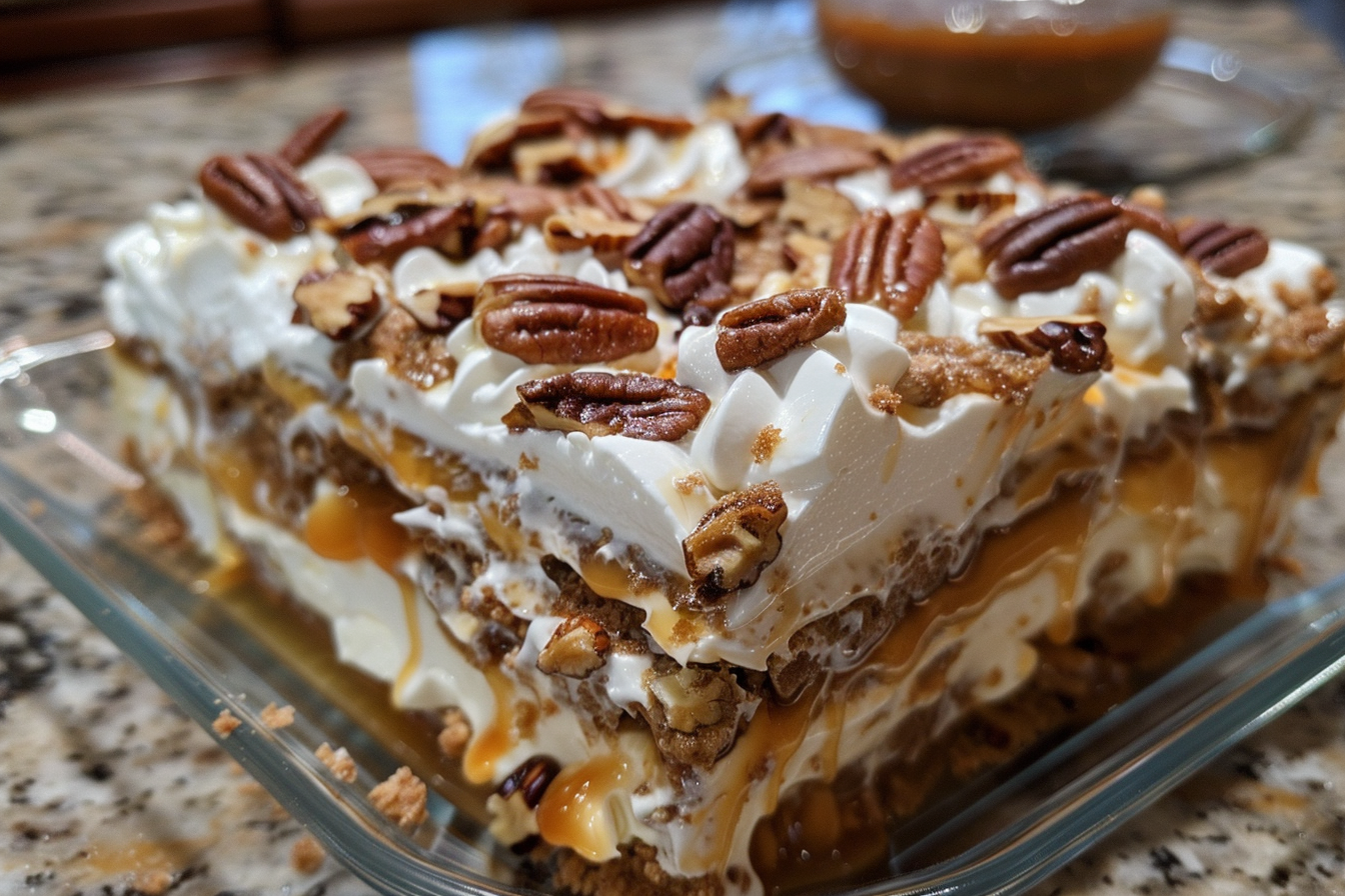 Delight in layers of creamy goodness with Pecan Pie Lasagna! A no-bake dessert with pecan, caramel, and cream cheese.