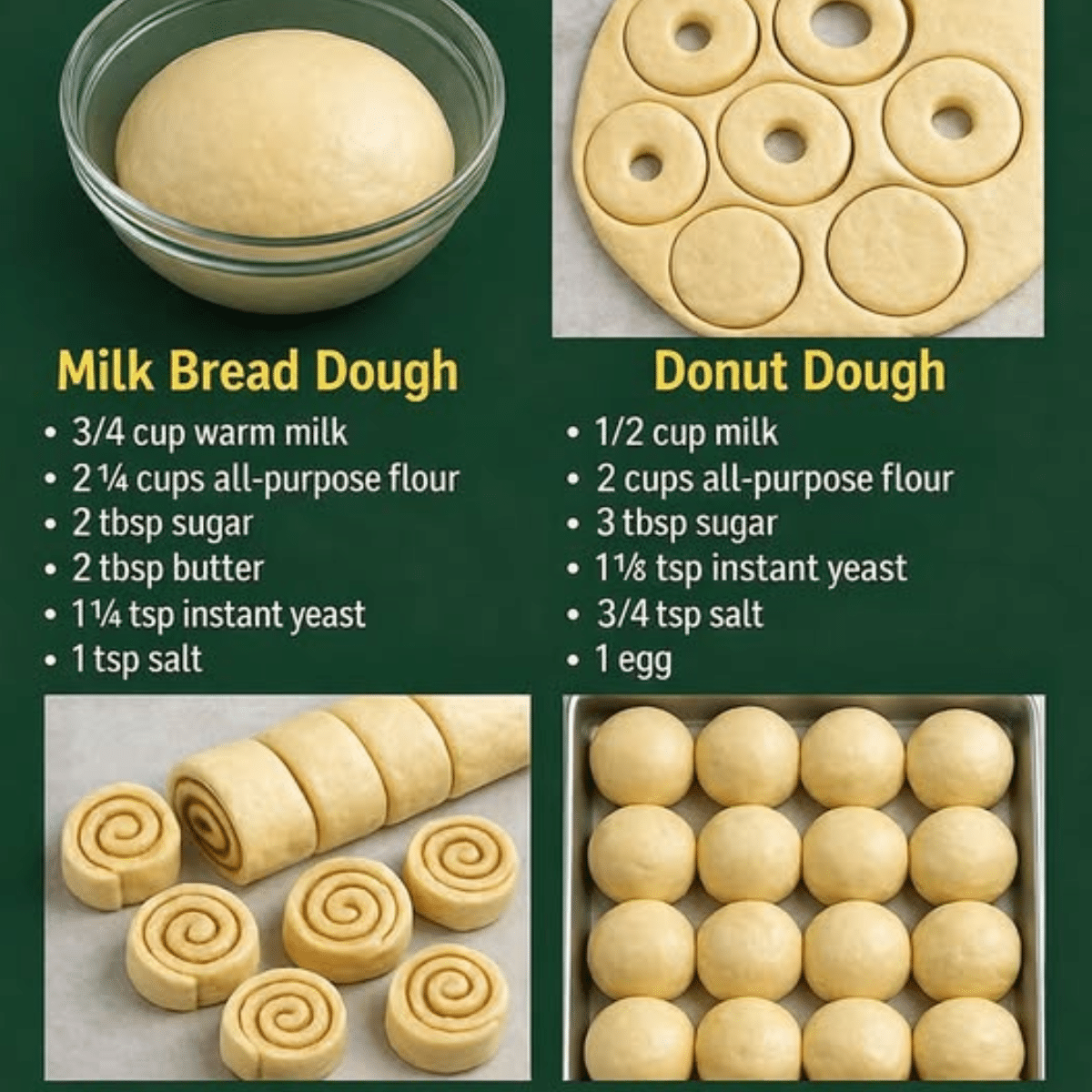 Image showcasing Essential Soft Dough Recipes: Milk Bread, Donut, Cinnamon Roll, and ...